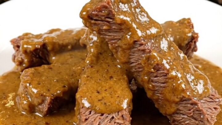 A slow cooker filled with tender beef tips in a rich, creamy sauce sitting on a kitchen counter.