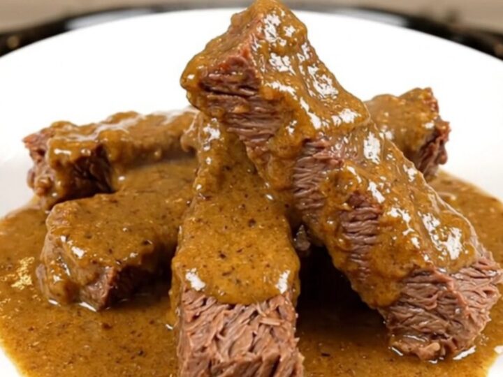 A slow cooker filled with tender beef tips in a rich, creamy sauce sitting on a kitchen counter.