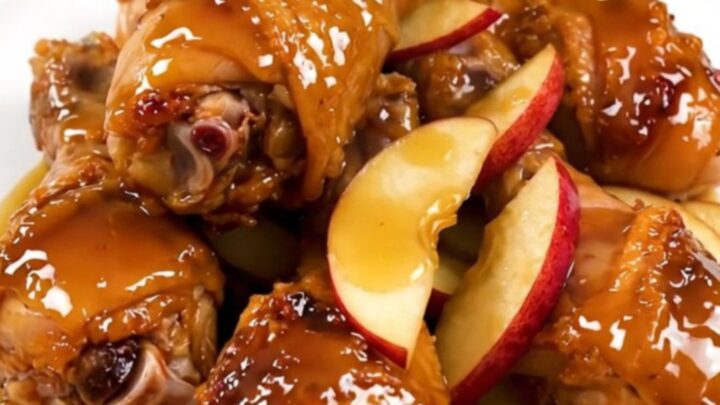 Slow cooker chicken drumsticks with apple slices and a rich glaze on a white plate.