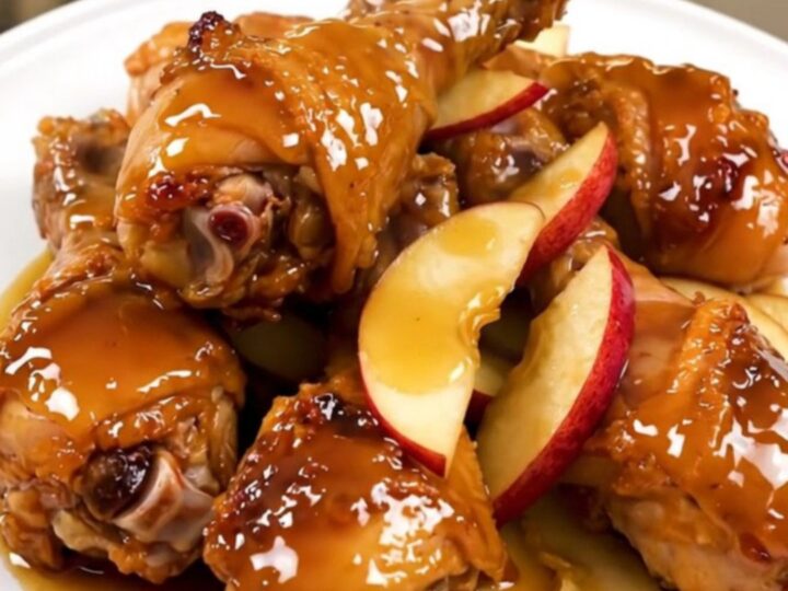 Slow cooker chicken drumsticks with apple slices and a rich glaze on a white plate.
