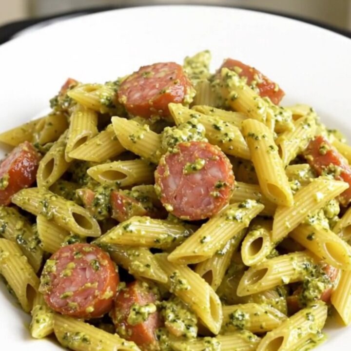 Creamy pesto Italian sausage penne served on a white plate with a rustic kitchen background.