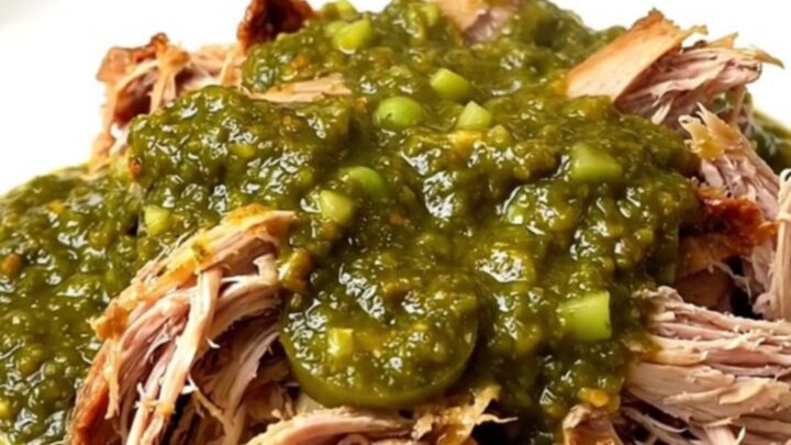 A top-down view of a slow cooker filled with raw turkey tenderloins, diced onions, and salsa verde.