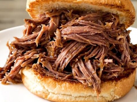 Succulent shredded beef served on a toasted bun on a clean white plate.