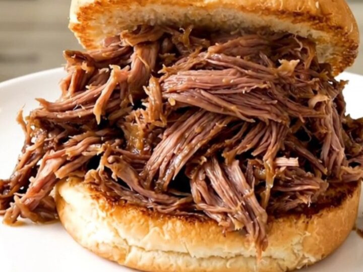 Succulent shredded beef served on a toasted bun on a clean white plate.