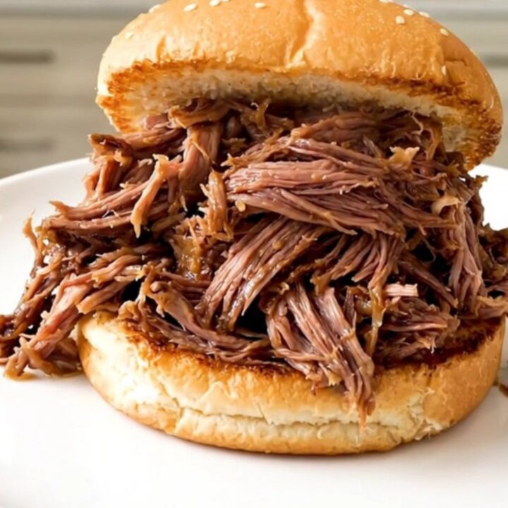 Succulent shredded beef served on a toasted bun on a clean white plate.