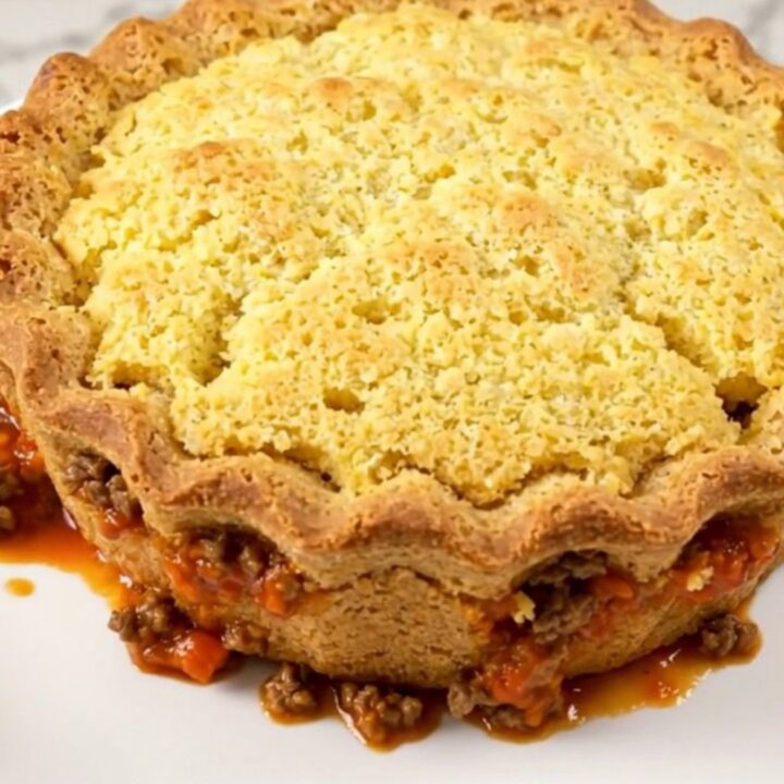 A finished Texas tamale pie served in a slow cooker, showing a golden brown cornbread crust on top of a savory beef and corn
