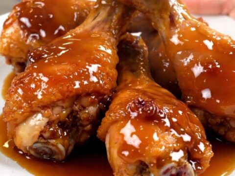 A close-up view of sticky honey garlic chicken drumsticks served on a white plate with a glossy glaze.