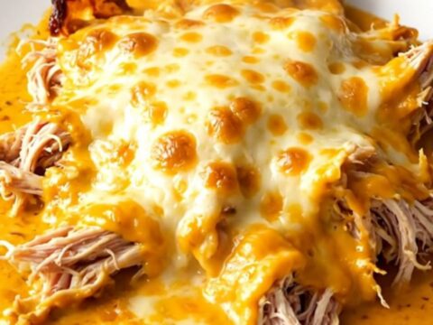 A close-up of shredded chicken in creamy queso with bubbly melted cheese on a white plate.