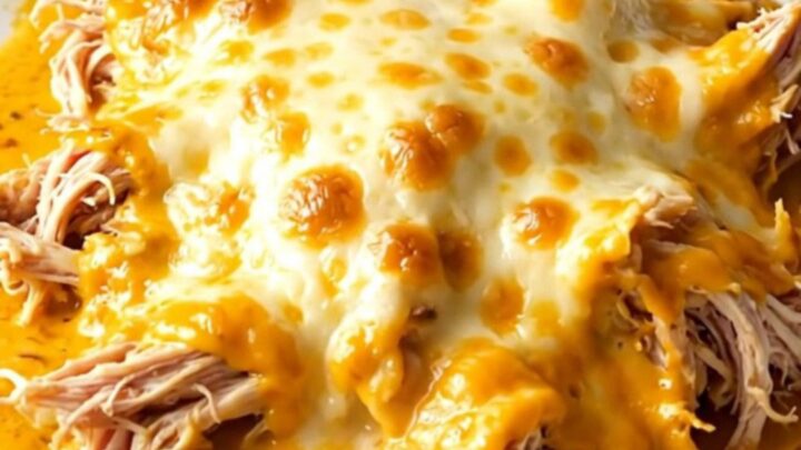 A close-up of shredded chicken in creamy queso with bubbly melted cheese on a white plate.