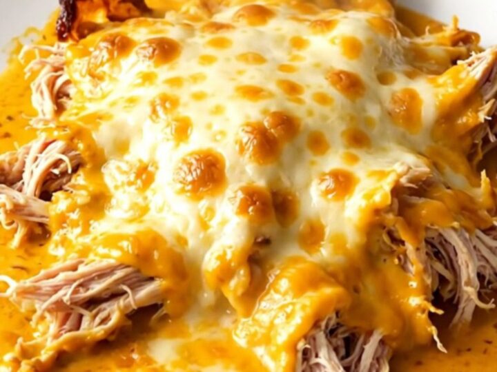 A close-up of shredded chicken in creamy queso with bubbly melted cheese on a white plate.