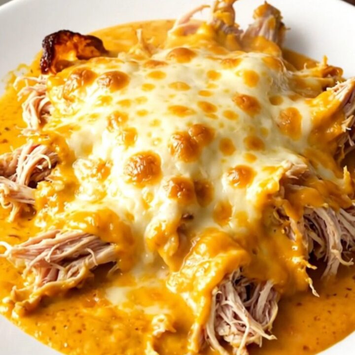 A close-up of shredded chicken in creamy queso with bubbly melted cheese on a white plate.