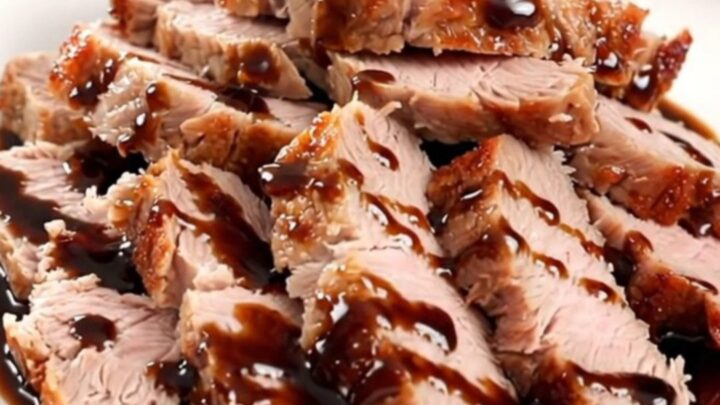 A close-up of tender, sliced balsamic fig pork tenderloin drizzled with a glossy reduction on a white plate.