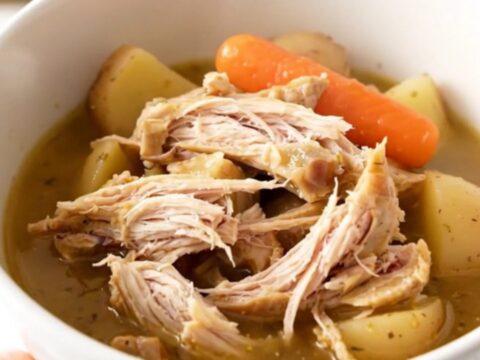 A close-up view of a bowl of slow cooker chicken stew with vegetables in a savory broth.
