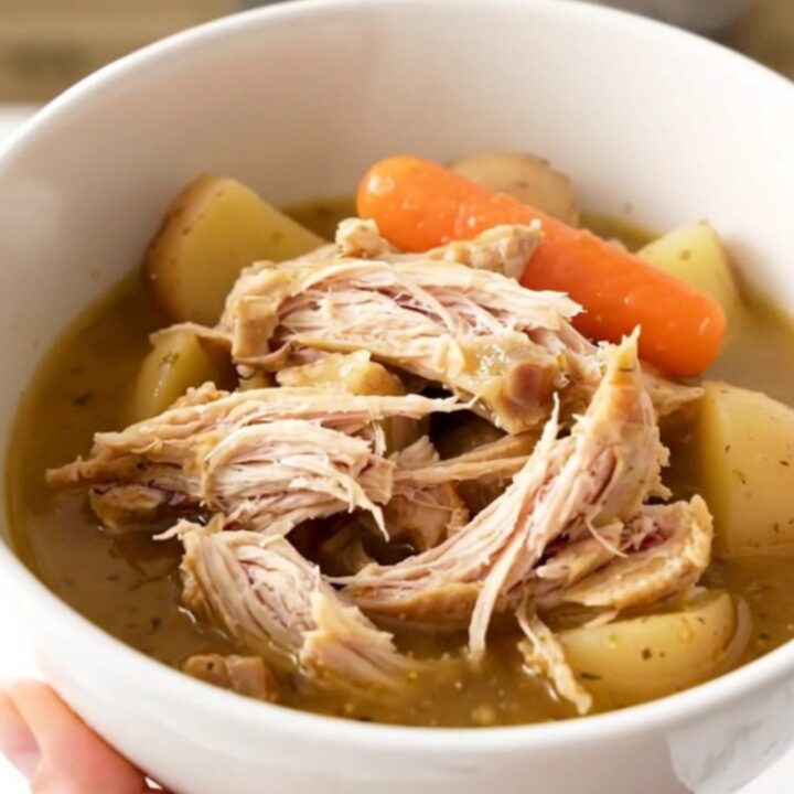 A close-up view of a bowl of slow cooker chicken stew with vegetables in a savory broth.