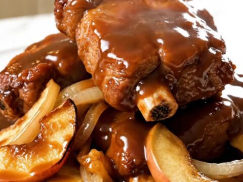 A close-up view of tender, glossy country-style pork ribs served on a white plate with soft apples and onions.