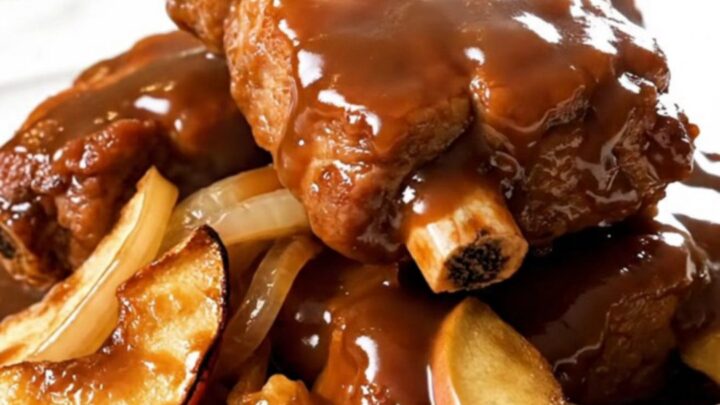 A close-up view of tender, glossy country-style pork ribs served on a white plate with soft apples and onions.