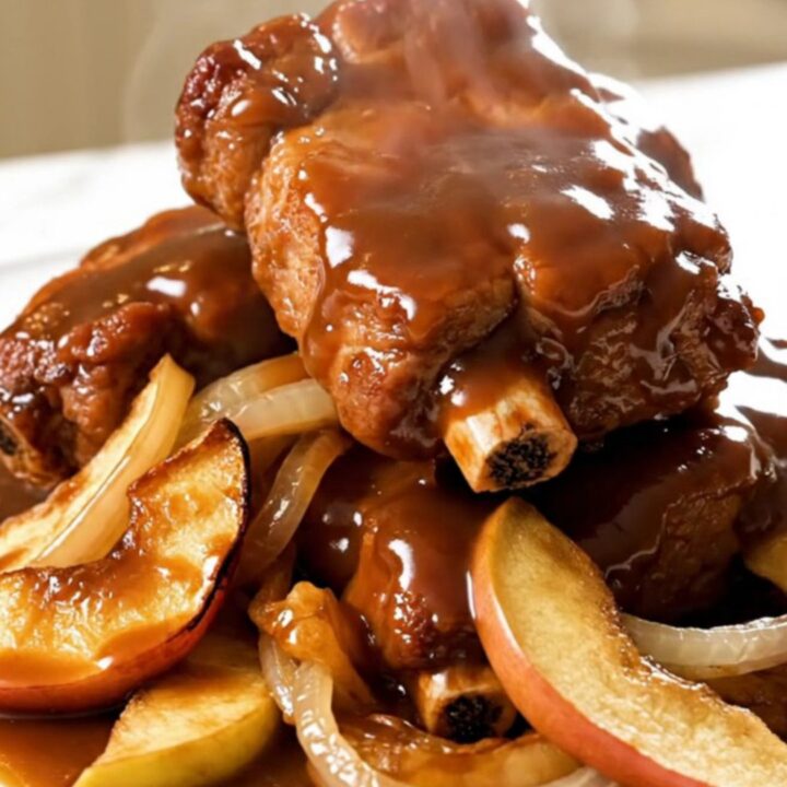 A close-up view of tender, glossy country-style pork ribs served on a white plate with soft apples and onions.