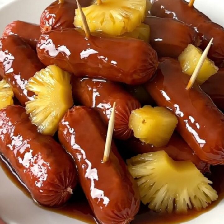 A close-up of glossy, glazed cocktail smokies and pineapple chunks on a white plate.