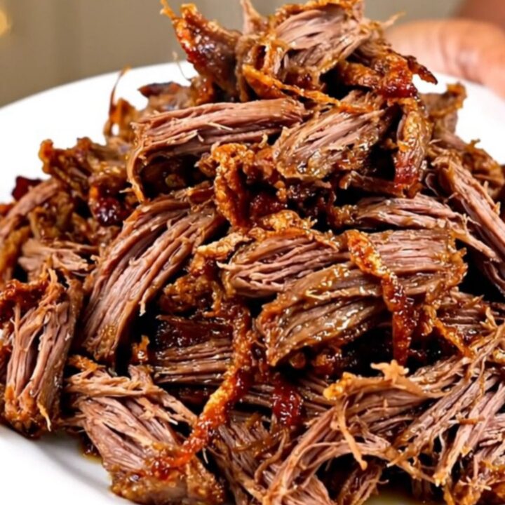 A close-up of tender, shredded beef carnitas on a white plate with fresh garnishes.