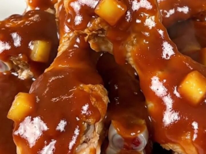 Slow cooker filled with cooked chicken drumsticks coated in a rich, glossy pineapple barbecue sauce.