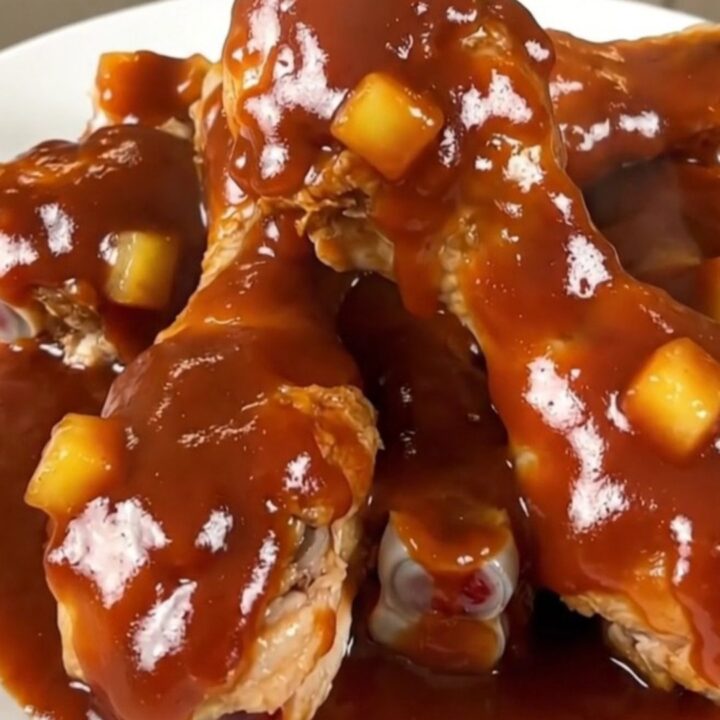 Slow cooker filled with cooked chicken drumsticks coated in a rich, glossy pineapple barbecue sauce.