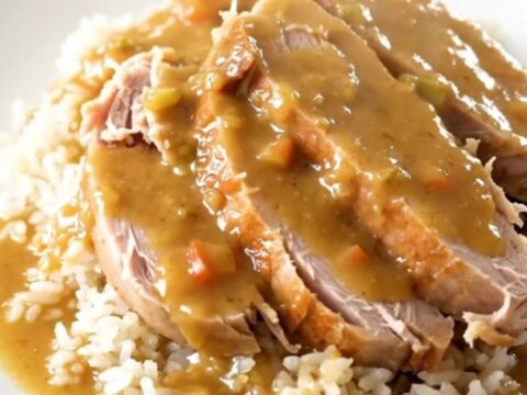 A close-up shot of creamy ranch turkey tenderloin served over white rice with tender carrots.