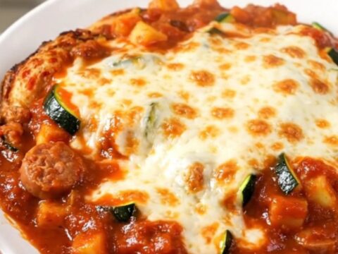 A top-down view of a slow cooker filled with sliced Italian sausage, zucchini, and marinara sauce.