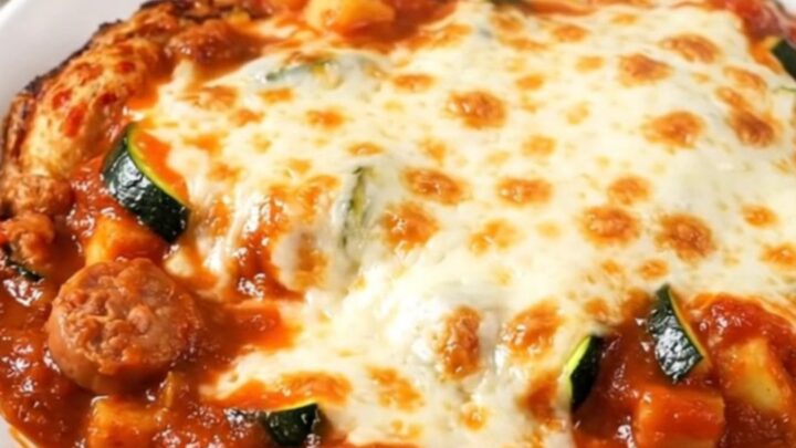 A top-down view of a slow cooker filled with sliced Italian sausage, zucchini, and marinara sauce.