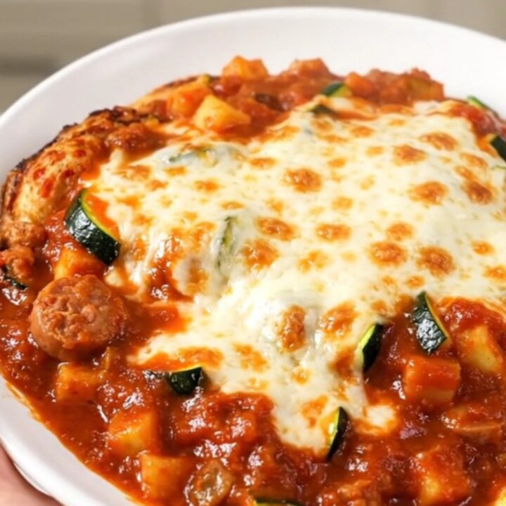 A top-down view of a slow cooker filled with sliced Italian sausage, zucchini, and marinara sauce.