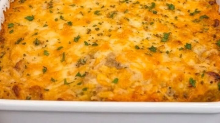 A steaming white rectangular dish filled with golden-brown cheesy chicken and rice casserole on a dark granite counter.