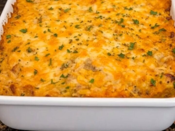 A steaming white rectangular dish filled with golden-brown cheesy chicken and rice casserole on a dark granite counter.