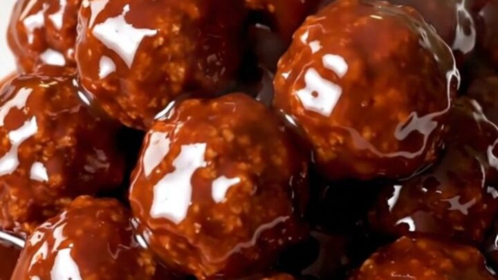 Glossy, glazed meatballs in a slow cooker on a white speckled quartz countertop.