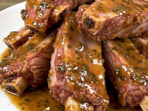 A plate of tender, glossy baby back ribs coated in a rich garlic parmesan sauce.