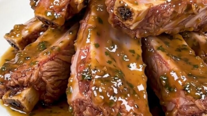 A plate of tender, glossy baby back ribs coated in a rich garlic parmesan sauce.