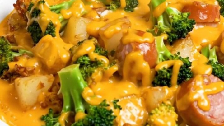 A close-up of a serving of cheesy broccoli, smoked sausage, and potatoes on a white plate.