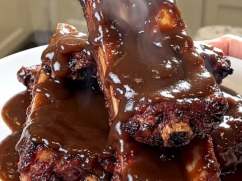 A top-down view of raw baby back ribs, sliced onions, and barbecue sauce inside a black slow cooker.