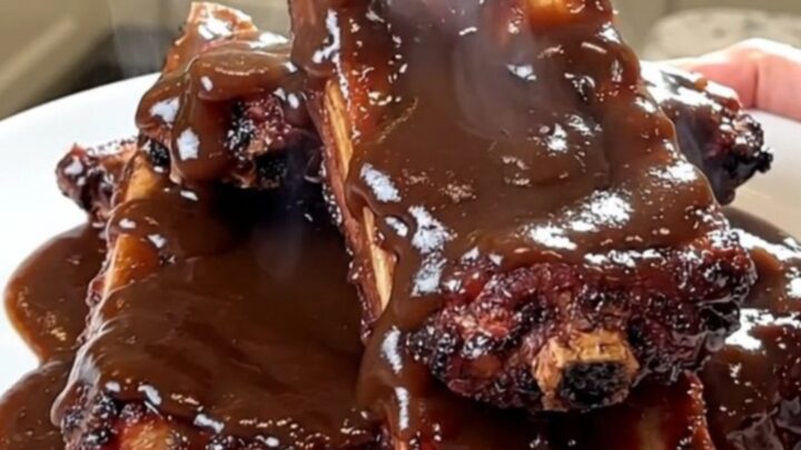 A top-down view of raw baby back ribs, sliced onions, and barbecue sauce inside a black slow cooker.