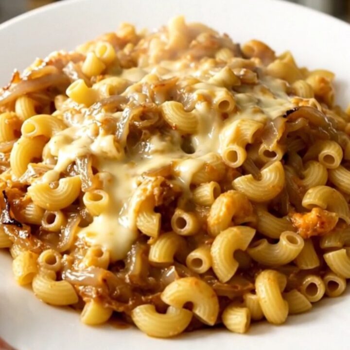 A top-down view of the creamy French onion macaroni and cheese in a slow cooker.