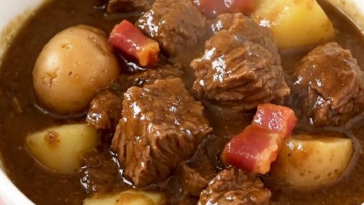 A warm bowl of rich beef stew with chunks of tender beef, potatoes, and bacon in a glossy savory sauce.