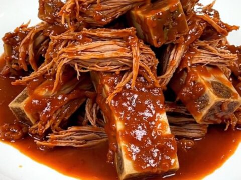 A close-up of tender, shredded Mexican braised short ribs in a glossy tomato sauce on a white plate.