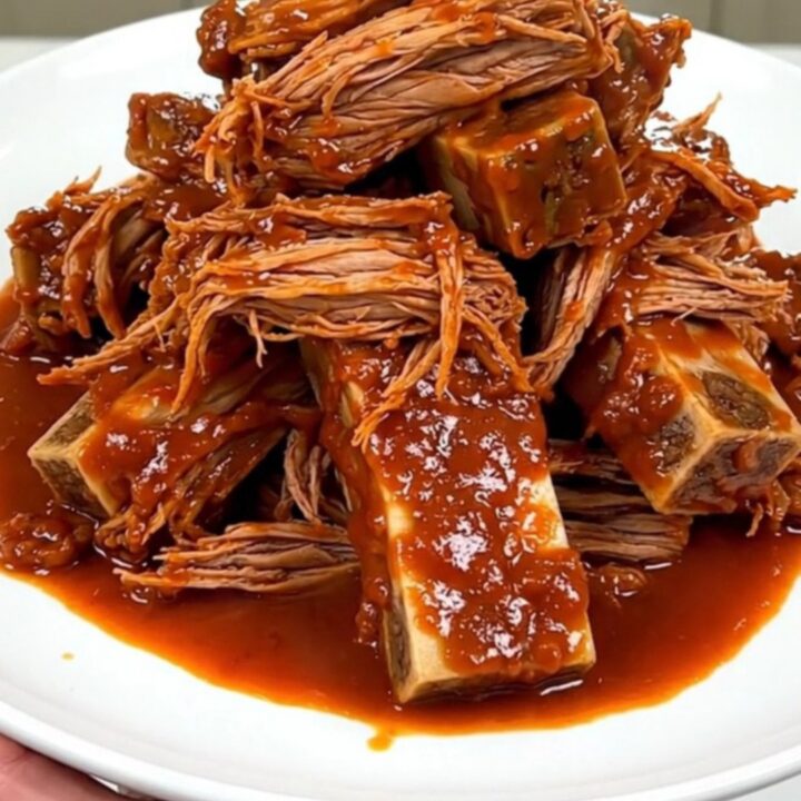 A close-up of tender, shredded Mexican braised short ribs in a glossy tomato sauce on a white plate.
