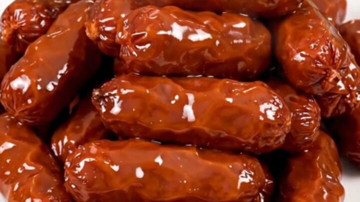 A close-up of glossy, glazed cocktail smokies on a white plate.