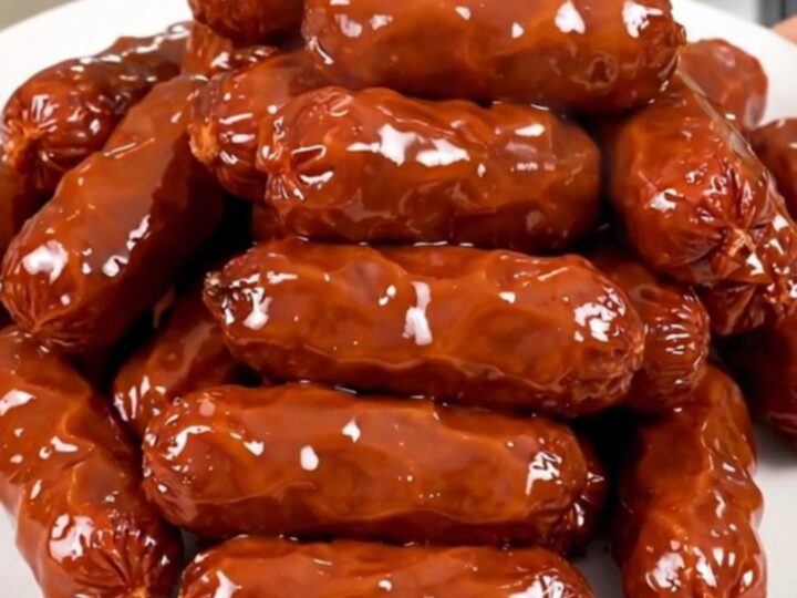 A close-up of glossy, glazed cocktail smokies on a white plate.