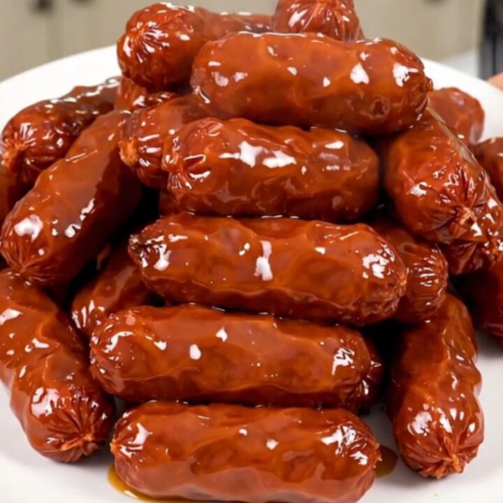 A close-up of glossy, glazed cocktail smokies on a white plate.