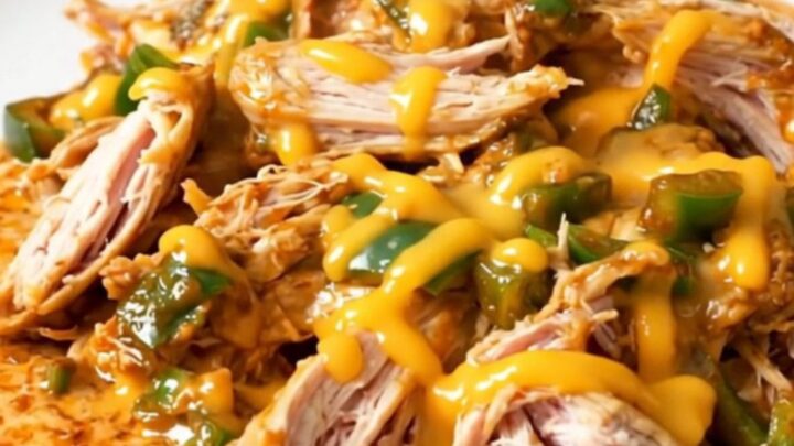 A top-down view of a black slow cooker filled with raw chicken breasts, diced poblano peppers, and a block of cream cheese.