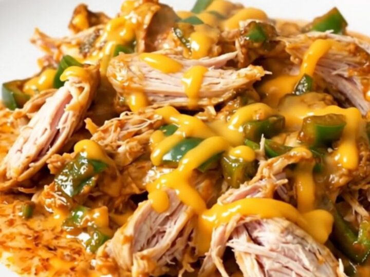 A top-down view of a black slow cooker filled with raw chicken breasts, diced poblano peppers, and a block of cream cheese.