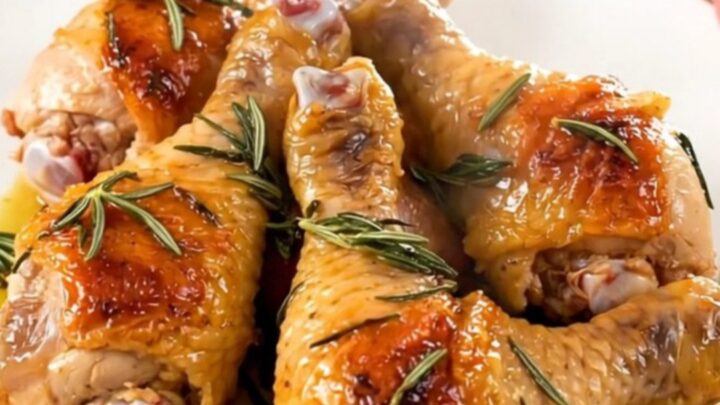 A top-down view of raw chicken drumsticks and halved red potatoes in a black slow cooker on a white countertop.