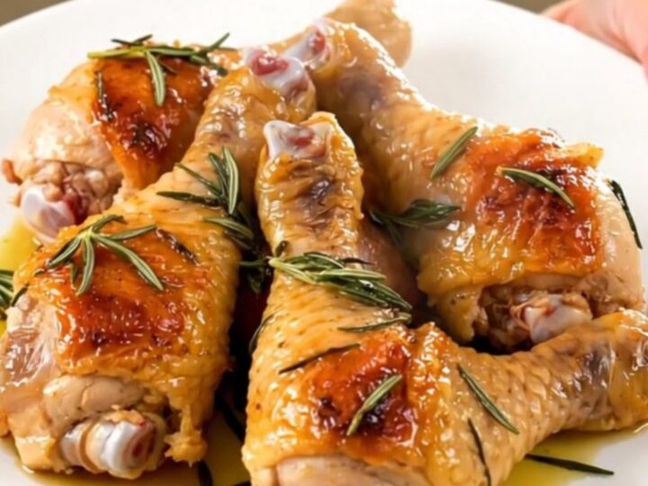 A top-down view of raw chicken drumsticks and halved red potatoes in a black slow cooker on a white countertop.