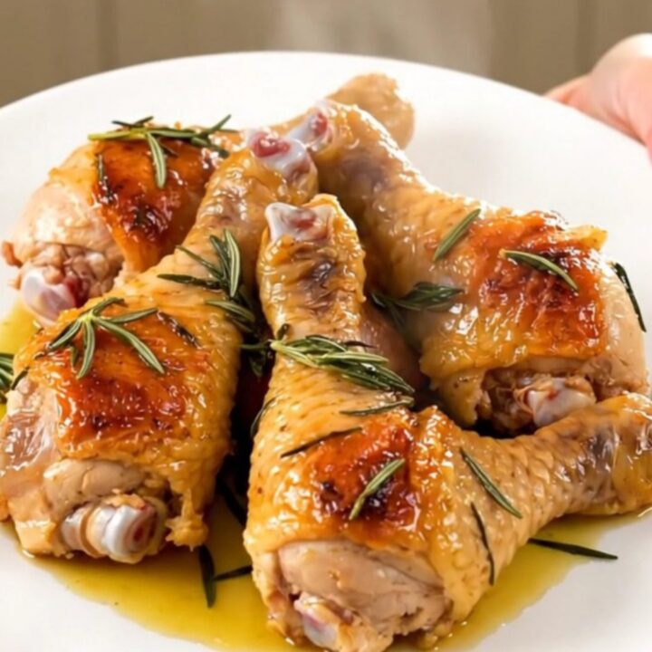 A top-down view of raw chicken drumsticks and halved red potatoes in a black slow cooker on a white countertop.
