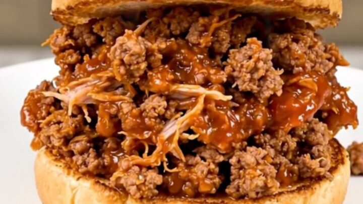 A steaming, glossy sloppy joe sandwich on a toasted bun, held by one hand.
